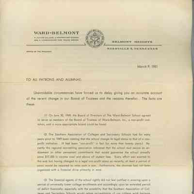 Letter about updates surrounding closing of Ward Belmont
