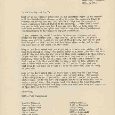 Letter to WB Alumni, April 1951
