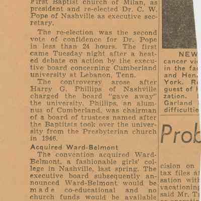 Newspaper Clipping Updating on the Ward-Belmont and Cumberland University Situation