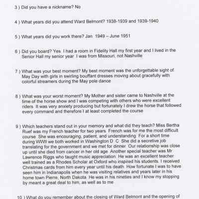 Questionnaire by Mary Ann (Moore) Tidwell on Ward-Belmont Experience 1938-1940