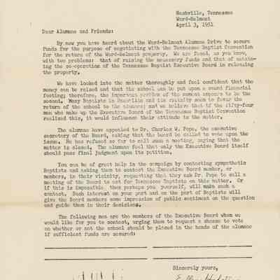 Letter to WB Community with TBC Updates, April 1951