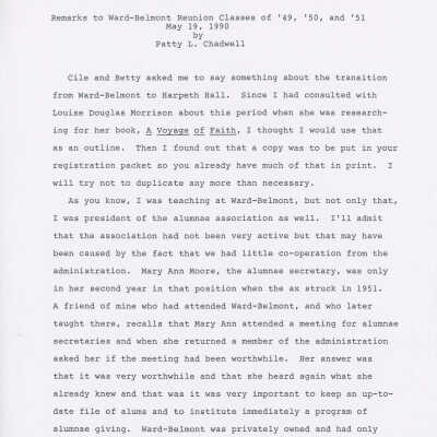 Patty L. Chadwell Remark's to Ward-Belmont Reunion Classes of '49, '50, and '51. 1990