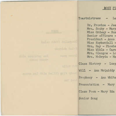 Rosy Future agenda - Toast, Class History, Will, Prophecy, Presentation, Class Poem, Senior Song: typed on white paper