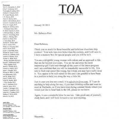 Dr. J. Wills Oglesby letter to Winterim intern Rebecca Blair ('14)