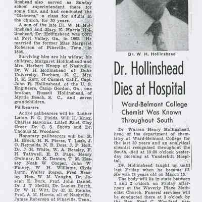 Newpaper Article, "Dr.Hollinshead Dies at Hospital", 1943