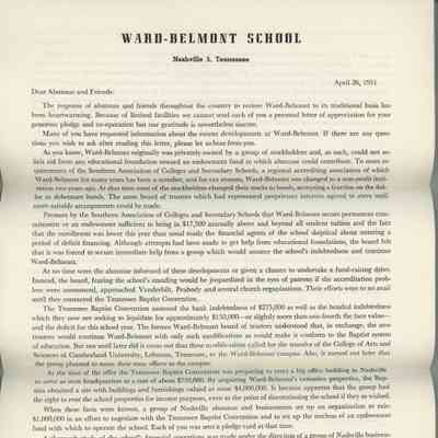Letter to Community about Closing of Ward-Belmont
