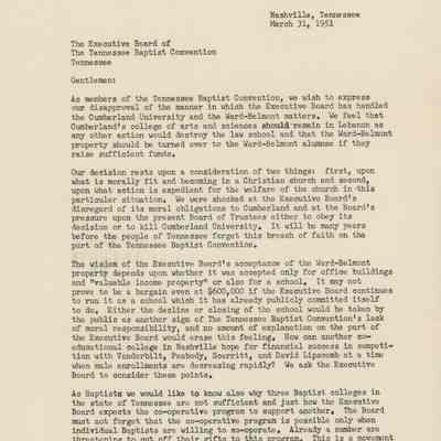 Letter to Executive Board Of Tennessee Baptist Convention
