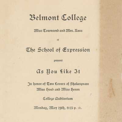 Program for production of "As You Like It" at Belmont College 1913
