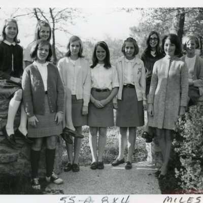 Group shot of students taken in 1972 or 1973. Jane Foreman, Janie Dowder, Anne Tipton, Bomen Holcomb, J. Kelley, Mrs. Ward, Jane Landstreet.