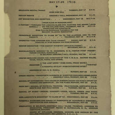 Belmont Seminary Schedule of Commencement Exercises 1910