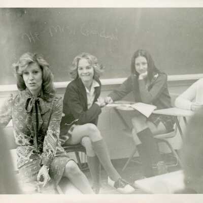 Shelley Long Cammack, Debbie Denton Folk, and JoAnna Jones Howe in a classroom in the late 1970's.