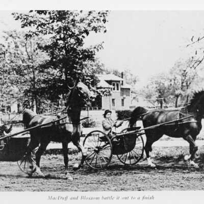 Two women apparently racing in horse-drawn carriages.