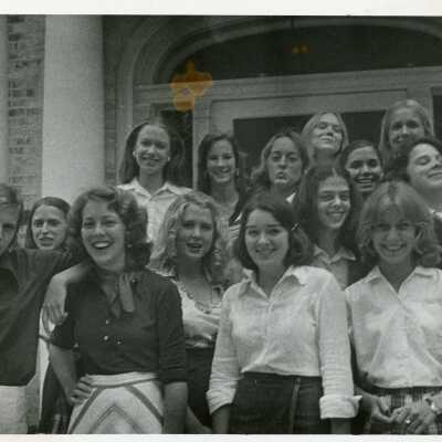 Several students pose for a photo outside Souby Hall in the 1970's.