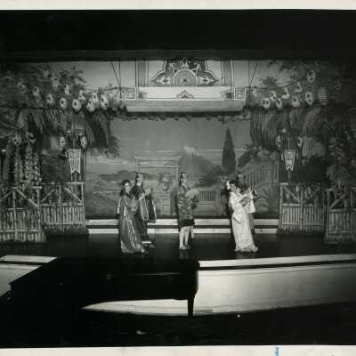 Performers on stage for the production of the Gilbert and Sullivan musical "The Mikado", 1947, with Castle Heights Military Academy and Ward-Belmont