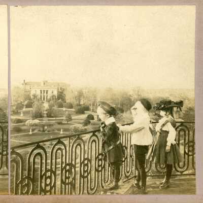 Belmont College for Young Women, circa 1910. Young children on balcony looking down on campus.