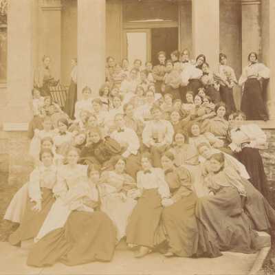 Ward's Seminary, group of students posed in front of building in 1885