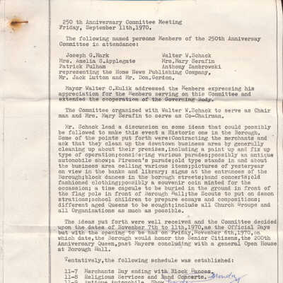 250th Anniversary Committee Meeting Minutes, September 11, 1970