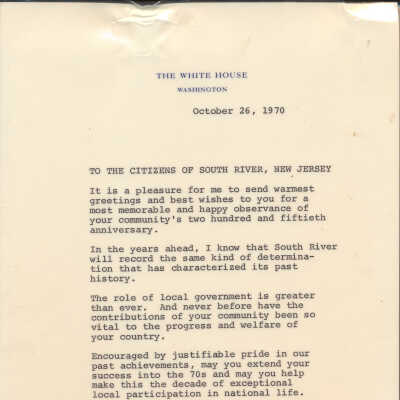Presidential Letter to the Citizens of South RIver, New Jersey