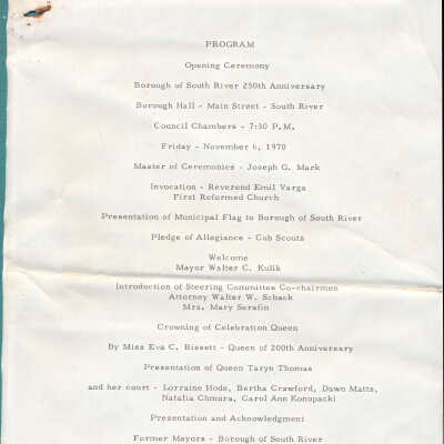 Program and Guest List for Opening Ceremony, Borough of South River 250th Anniversary