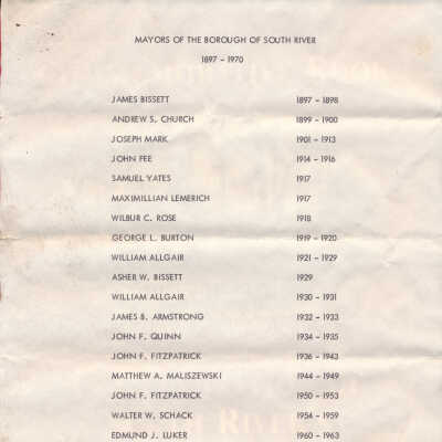 Mayors of the Borough of South River, 1897 - 1970