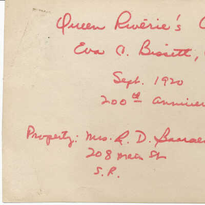 Back of photograph of Queen Riverie and her court