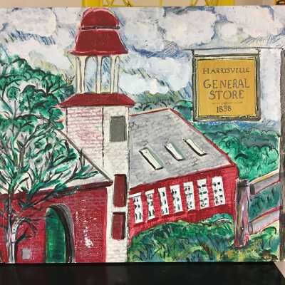 Harrisville General Store Sign with Old Mill in the Background