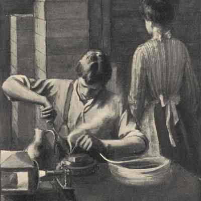 Guy Bent Over His Work With Redoubled Energy | Illustration from A Case of Sardines by Charles Poole Cleaves | 1904