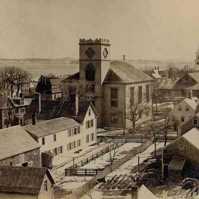 Washington Street Baptist Church (center left) as seen from Fort Hill, c. 1885.