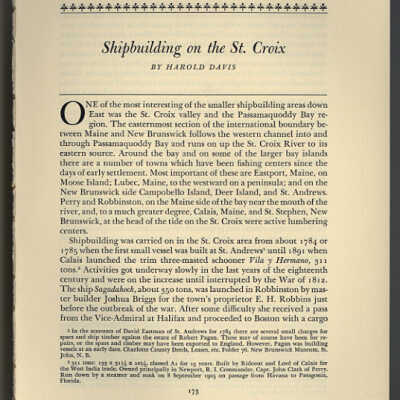 Shipbuilding on the St. Croix | Harold Davis | American Neptune, Volume XV, Number 2, July, 1955, pp. 173 - 190