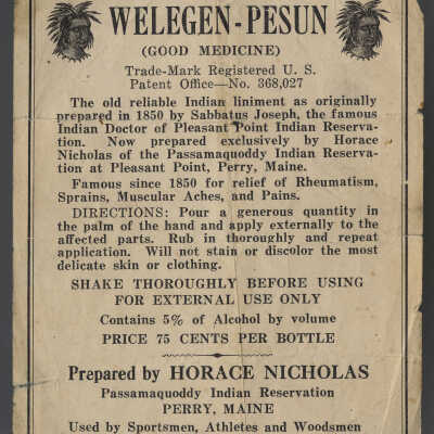 Welegen-Pesum (Good Medicine) | Prepared by Horace Nicholas, Passamaquoddy Indian Reservation, Perry, Maine | Small Sales Flyer