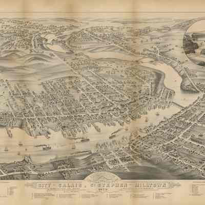 Panoramic View of the City of Calais, St. Stephen and Milltown, Washington Co. Maine, Charlotte Co. New Brunswick, 1879 | J.J. Stoner