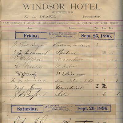 Windsor Hotel, St. Stephen, New Brunswick | Hotel Ledger | 1896 - 1897 | A.L. Drake, Proprietor