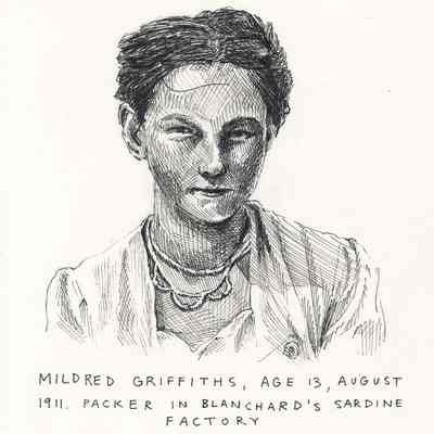 Maeve McCool | Mildred Griffiths, Age 13, August, 1911, Packer in Blanchard's Sardine Factory | Drawing, 2023
