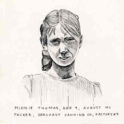 Maeve McCool | Minnie Thomas, Age 9, August, 1911, Packer, Seacoast Canning Co., Factory #7 | Drawing, 2023