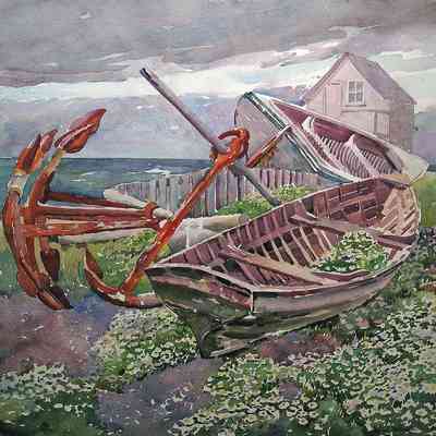 William Starkweather | On a Magdalen Island Beach, Havre-Aubert, Magdalen Islands, 1937, watercolor, 19 1/2”x19 1/2”