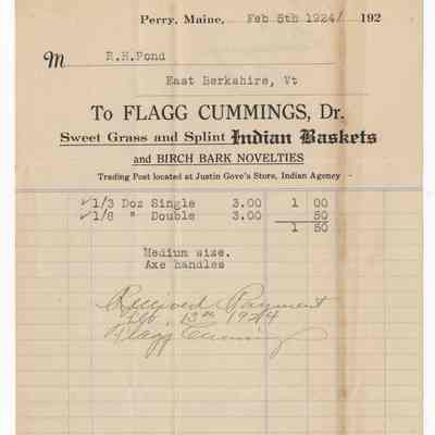 Receipt | Flagg Cummings | Sweet Grass and Splint Indian Baskets and Birch Bark Novelties | February 5, 1925 | Perry, Maine