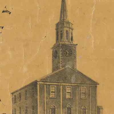 Congregational church from 1855 Map of Eastport, Maine showing original steeple design.