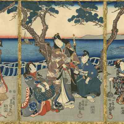 Prince and princess Genji with attendants talking to fishing girls at Akashi seaside | Toyokuni | c.1830.