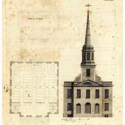 This design was inspired by Plate 56 of Asher Benjamin’s “American Builder’s Companion”, of which Daniel Low owned the 1806 edition. Low looked to Benjamin for his two-story pedimented façade with its three arched entrances and elliptical window. However, he broadened its proportions and added attenuated pilasters that foreshadowed the emerging Greek Revival style. True to Benjamin were the square tower with its quoins and the octagonal belfry and spire. Low also followed Benjamin’s recommendations for a spacious interior with pews on the ground floor and galleries on three sides. The focal point of the front wall was a large arch framing the pulpit area.