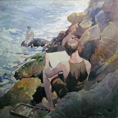 William Starkweather | Painting My Model, Eastport, Maine, 1922, watercolor, 19 1/4”x19 1/4”