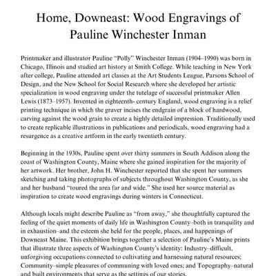 Home, Downeast: Wood Engravings of Pauline Winchester Inman | Introduction to Exhibition | 2024