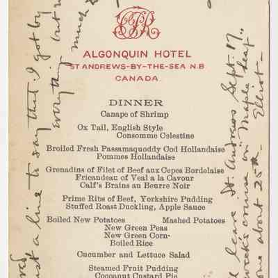 Algonquin Hotel | Dinner Menu, August 27, 1906 | St. Andrews, New Brunswick