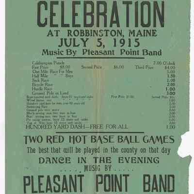 Celebration Poster, Robbinston, Maine, July 5, 1915 | Music by Pleasant Point Band