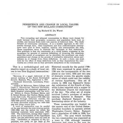 Persistence and Change in Local Values in Two New England Communities | Richard E. Du Wors | Rural Sociology, Vol. 17, No. 3, September, 1952, pp. 207 - 217