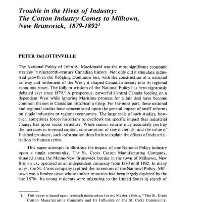 Trouble in the Hives of Industry: The Cotton Industry Comes to Milltown, New Brunswick, 1879-1892 | Peter DeLottinville | 1980