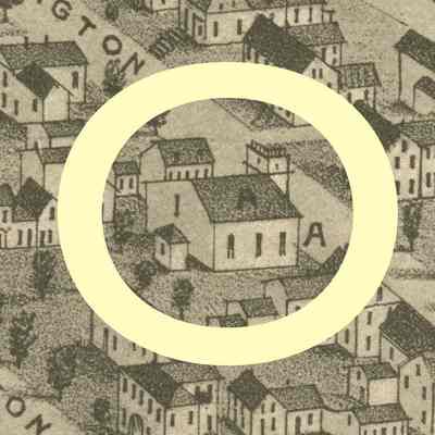 One story Washington Street Baptist Church building as shown on the 1879 Bird's Eye View Map of Eastport, Maine.