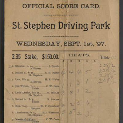 Official Score Card | St. Stephen Driving Park, St. Stephen, New Brunswick | Wednesday, September 1st, 1897
