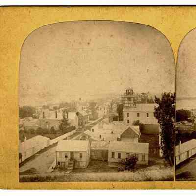 Stereoview photograph of Congregational Church, c.1870, likely showing rebuilding of steeple following Saxby Gale of 1869.