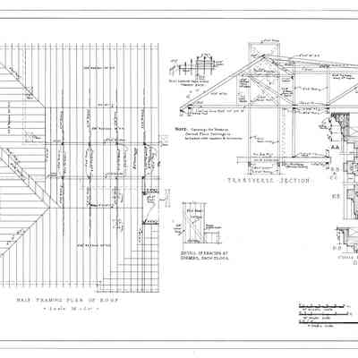 Passamaquoddy Bay Tidal Power Development | Temporary Buildings | School-House | Half Framing Plan of Roof & Transverse Section | Q-E 28/11