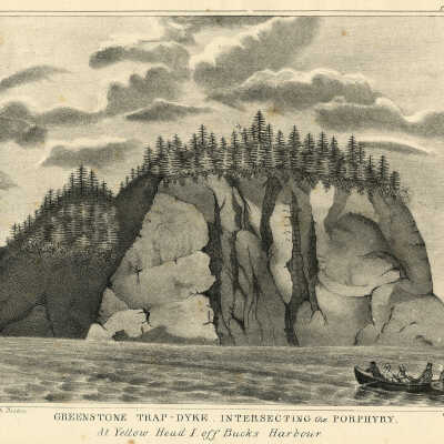Greenstone Trap-Dyke, Intersection the Porphyry, At Yellow Head I off Bucks Harbor. | Moore’s Litho Boston